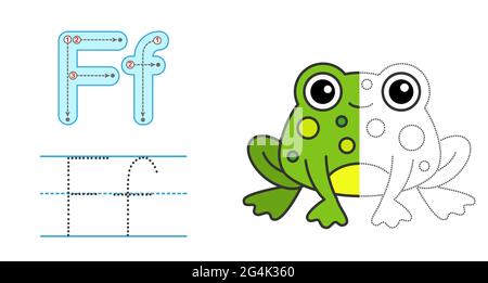 Trace the letter and picture and color it. Educational children tracing game. Coloring alphabet. Letter F and funny frog Stock Vector