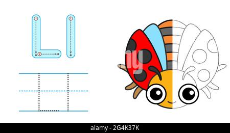 Trace the letter and picture and color it. Educational children tracing game. Coloring alphabet. Letter L and funny Ladybug Stock Vector