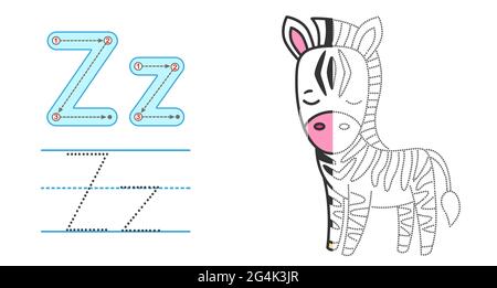 Trace the letter and picture and color it. Educational children tracing game. Coloring alphabet. Letter Z and funny Zebra Stock Vector