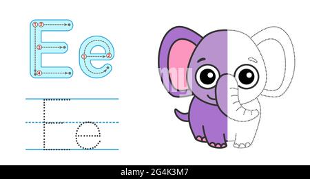 Trace the letter and picture and color it. Educational children tracing game. Coloring alphabet. Letter E and funny elephant Stock Vector