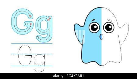 Trace the letter and picture and color it. Educational children tracing game. Coloring alphabet. Letter G and funny ghost Stock Vector