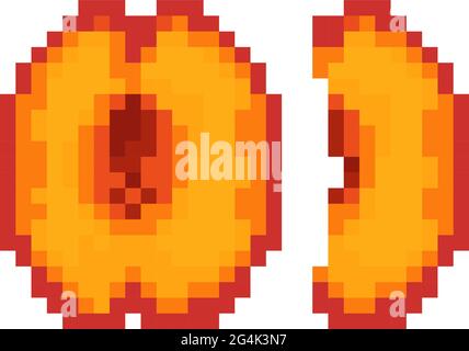 Stone fruits, peach slice, cuts, isolated on white. Pixel art style Stock Vector
