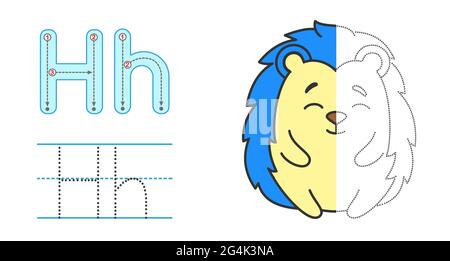 Trace the letter and picture and color it. Educational children tracing game. Coloring alphabet. Letter H and funny cartoon hedgehog Stock Vector