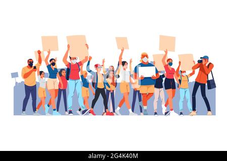 Crowd of protesting people with banners and placards during ...