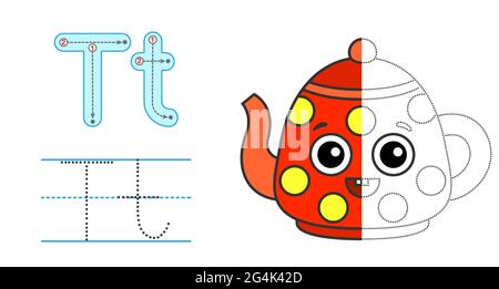 Trace the letter and picture and color it. Educational children tracing game. Coloring alphabet. Letter T and funny Teapot Stock Vector