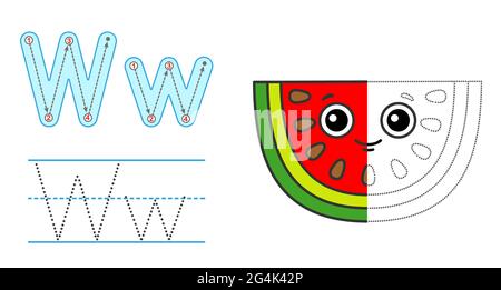 Trace the letter and picture and color it. Educational children tracing game. Coloring alphabet. Letter W and funny Watermelon Stock Vector