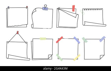 Doodle hand drawn memo notes and reminders vector illustration set. Simple drawing doodle style sketches of square paper sheets with curved corners cu Stock Vector