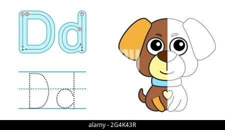 Trace the letter and picture and color it. Educational children tracing game. Coloring alphabet. Letter D and funny dog Stock Vector