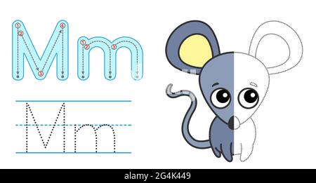 Trace the letter and picture and color it. Educational children tracing game. Coloring alphabet. Letter M and funny Mouse Stock Vector