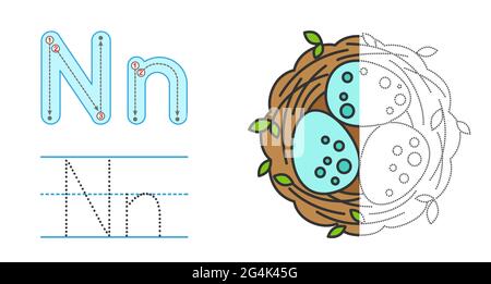 Trace the letter and picture and color it. Educational children tracing game. Coloring alphabet. Letter N and Nest with eggs Stock Vector