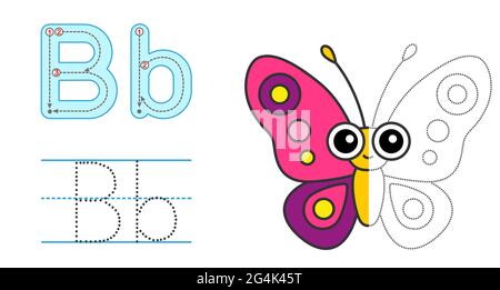 Trace the letter and picture and color it. Educational children tracing game. Coloring alphabet. Letter B and funny cartoon Butterfly Stock Vector