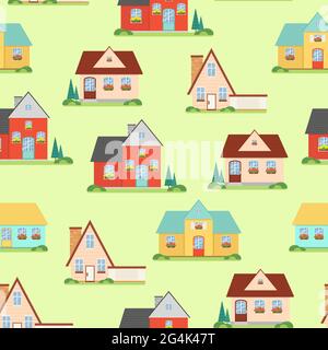 Seamless pattern with houses, sweet home, vector illustration in flat style Stock Vector