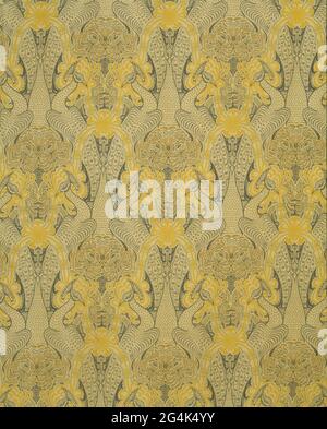 Curtain fabric 'Peacock and honeysuckle'. Cretain of printed cretonne with peacocks and honeysuckle in yellow, brown, blue and gray on Natural Fond. Along inside and bottom deposited with passing. Stock Photo