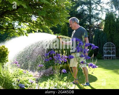 man watering the garden with hose pipe Stock Photo