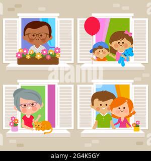 People in their homes at an apartment building looking out of windows. Vector illustration Stock Vector