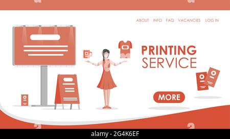 Printing service vector flat landing page template with text space. Young pretty woman in red dress showing printing production, advertising materials. Print shop, copy center website template. Stock Vector