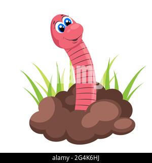 Earthworm coming out of the ground. Green grass. Flat farming and agriculture cartoon illustration. Insects in soil Stock Vector