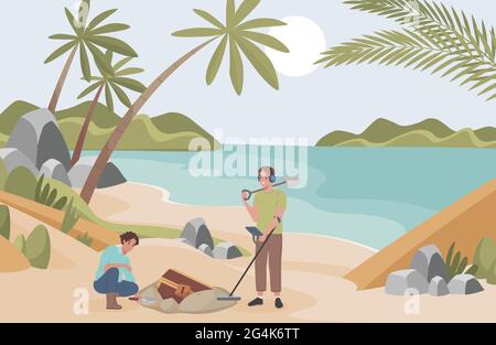 Archeologists finding treasure on sandy beach vector flat illustration. Excited men with archeological equipment searching for artifacts. Treasure hunters using a metal detector at tropical beach. Stock Vector