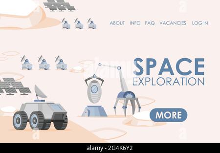 Space exploration landing page template with text space. Solar panels, rovers, and scientific research vehicles vector flat illustration. Planet colonization mission website concept. Stock Vector