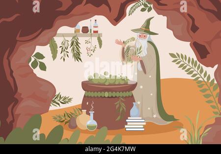 Old wizard with long white beard preparing magic poison vector flat illustration. Magician man cave with cauldron, poison flasks, herbs and plants and magic books. Happy Halloween concept. Stock Vector