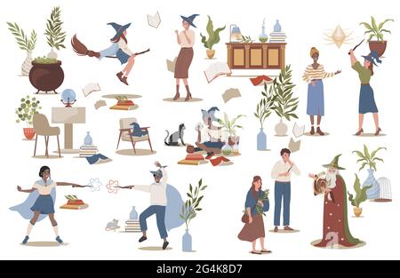 Group of wizards and witches practicing magic vector flat illustration isolated on white background. Women flying on broomsticks and conjuring, men casting spells. Witchcraft courses concept. Stock Vector