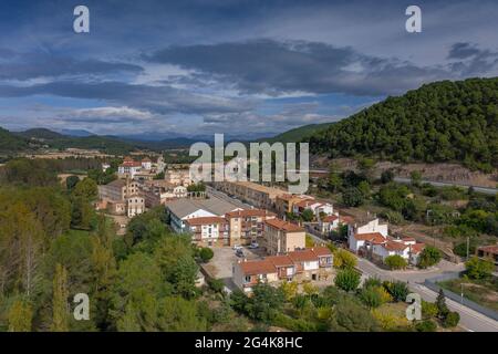 Aerial view of the textile company town of Palà de Torroella, in Navàs (Bages, Barcelona, Catalonia, Spain) ESP: Vista aérea de Palà de Torroella Stock Photo