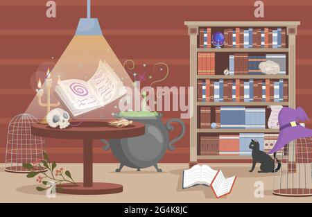 Interior of the house of witch vector flat cartoon illustration. Preparing poison in the cauldron, shelves with magical books, artifacts, poisons. Scary interior for Halloween party card design. Stock Vector