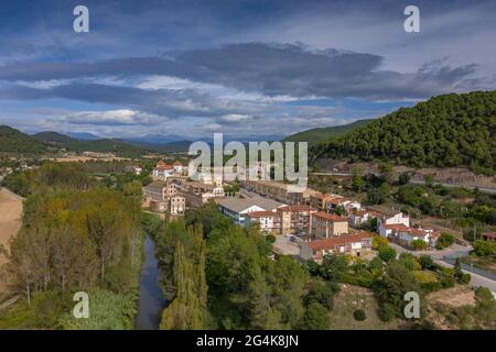 Aerial view of the textile company town of Palà de Torroella, in Navàs (Bages, Barcelona, Catalonia, Spain) ESP: Vista aérea de Palà de Torroella Stock Photo