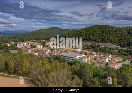 Aerial view of the textile company town of Palà de Torroella, in Navàs (Bages, Barcelona, Catalonia, Spain) ESP: Vista aérea de Palà de Torroella Stock Photo