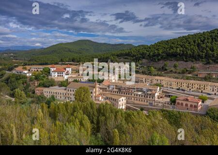 Aerial view of the textile company town of Palà de Torroella, in Navàs (Bages, Barcelona, Catalonia, Spain) ESP: Vista aérea de Palà de Torroella Stock Photo