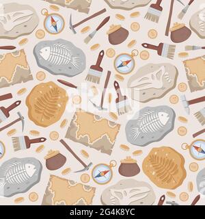 Fossil fish and dinosaurs skeletons and plants, maps, compass, coins, brushes, and archeology tools vector flat seamless pattern. Stone sections with bones and prehistoric herbs on beige background. Stock Vector