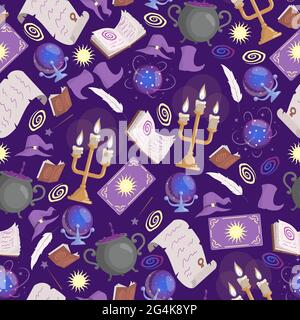 Magic seamless pattern. Preparing poison in cauldron, taro cards, candles, prediction ball, magic books, and witch hats on violet background. Halloween magic and wizard party backdrop concept. Stock Vector