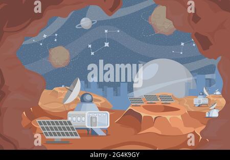 Space exploration vector flat illustration. Rover on planet surface, planet exploring, scientific research with robotic vehicles. Outer space with Saturn, planets, stars, and satellites. Stock Vector