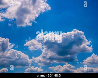 fluffy clouds from strong wind on a dark blue sky Stock Photo