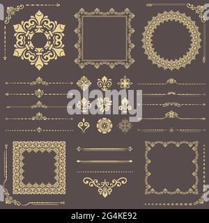 Vintage set of vector horizontal, square and round elements. Golden elements for backgrounds, frames and monograms. Classic patterns. Set of vintage patterns Stock Vector