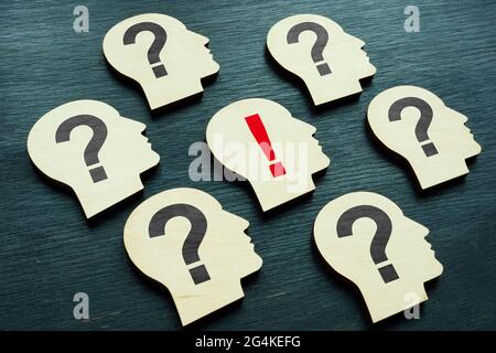 Head shapes with question and exclamation mark. Solving problem and answer concept. Stock Photo