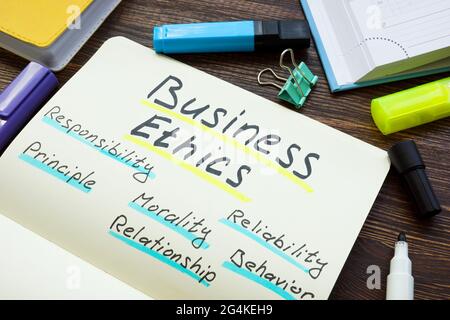 Business ethics principles list on the page. Stock Photo