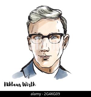 MOSCOW, RUSSIA - February 15, 2020: Niklaus Wirth vector watercolor ink portrait. Swiss computer scientist. He has designed several programming langua Stock Vector