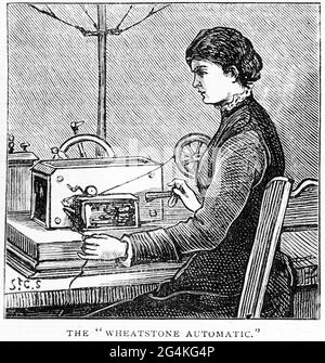Engraving of a woman operating a Wheatstone Automatic telegraph machine capable of sending and receiving recorded morse code messages, circa 1890 Stock Photo