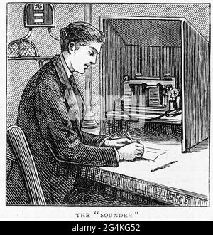 Engraving of a man receiving telegraph messages by morse code, circa 1890 Stock Photo