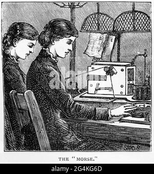 Engraving of young women operating telegraph machines and receiving morse code messages at an English post office, circa 1890 Stock Photo