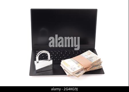 Cyber crime. Internet cyber security concept with a padlock on laptop computer. Ransomware, Malware, Encrypt and Hacking. Data security concept Stock Photo
