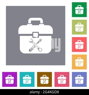 Toolbox with wrench and screwdriver flat icons on simple color square backgrounds Stock Vector