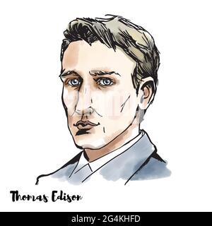 Young Thomas Edison watercolor vector portrait with ink contours. American inventor and businessman, who has been described as America's greatest inve Stock Vector