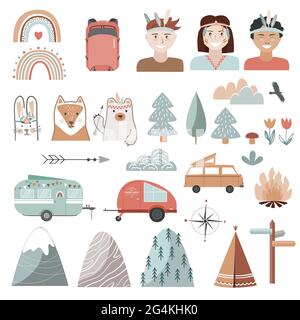 Set of summer, camping equipment, landscape elements, and kids dressed in tribal style. Trailers, trees, and animals in Scandinavian style. Cartoon Stock Vector