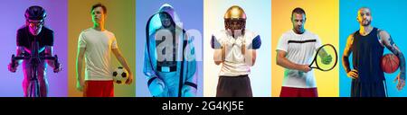 Collage of different professional sportsmen, fit people posing as team on color neon background. Flyer. Stock Photo