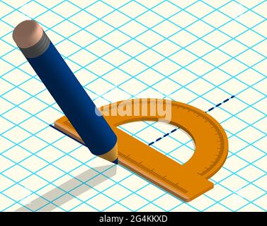 pencil draws lines on sheet of notebook paper with protractor. Plotting corners on geometry. Realistic 3D vector in isometric Stock Vector