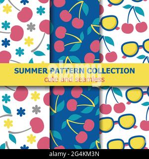 Summer pattern collection with cherries and sunglasses. Summer banner. Vector Stock Vector