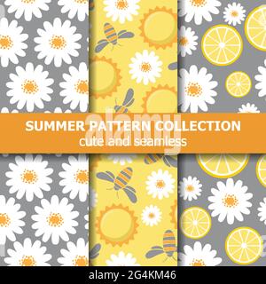 Beautiful pattern collection with daisies, lemons, bees and sun. Summer banner collection. Vector Stock Vector