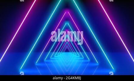 Glowing neon lines, tunnel, abstract technological background, virtual reality. Pink blue purple neon triangular corridor, perspective. Ultraviolet br Stock Vector